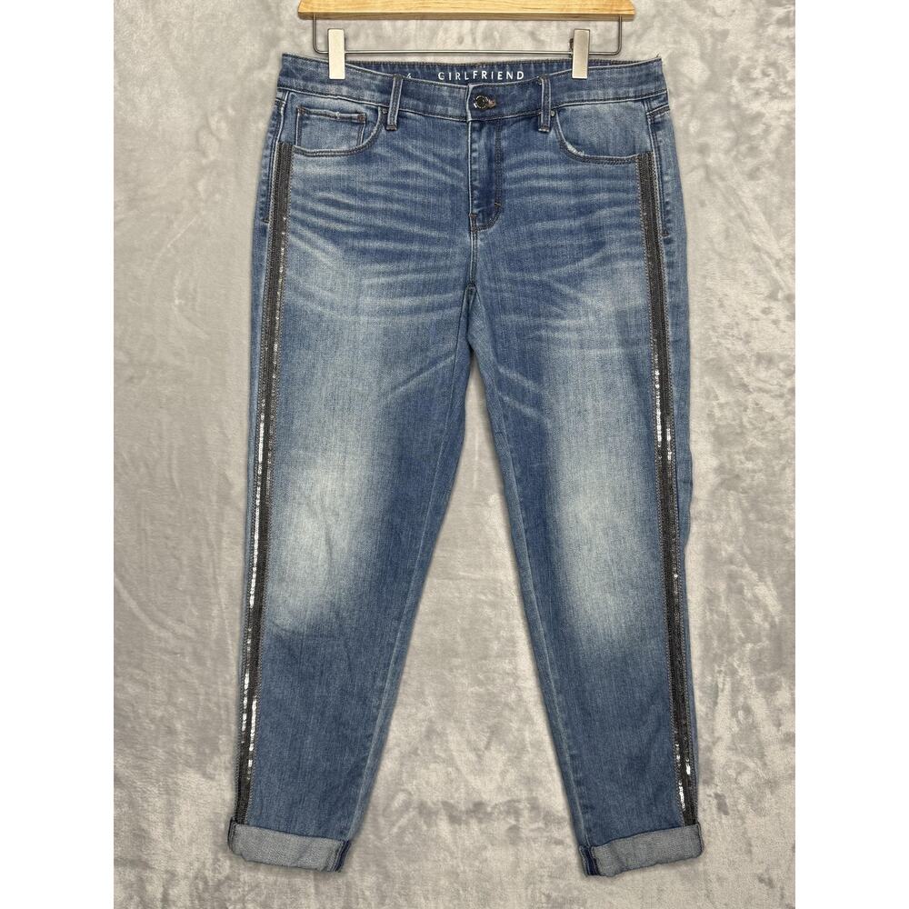 White House Black Market Jeans Womens 4 Blue Girlfriend Sequin Side Stripe Ankle